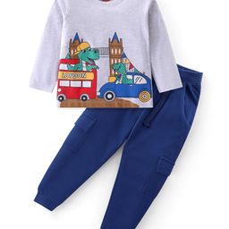 Babyhug Single Jersey Knit Full Sleeves T-Shirt & Lounge Pants Set With Dino Print - White & Navy-image-62