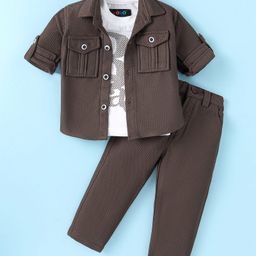 Robo Fry Viscose Knit Full Sleeves Solid Colour Shirt & Trouser Set with Text Printed T-Shirt - Brown-image-43