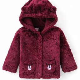 Babyhug Woven Full Sleeves Hooded Front Open Winter Fur Jacket with Bear Patch Detailing - Maroon-image-74