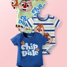 Babyhug Disney Interlock Knit Half Sleeves Onesies With Chip N Dale Graphics Pack of 3 - Blue White & Light Green-image-75