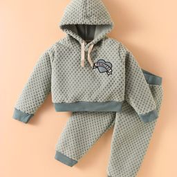 Ollypop Fleece Knit Full Sleeves Hooded T-Shirt & Lounge Pant with Patch Detailing - Teal Blue-image-56