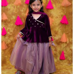 KID1 Velvet Three Fourth Sleeves Sequins & Placket Lace Embellished Lehenga Choli With Dupatta Set - Purple-picture-5