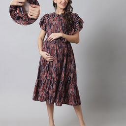 Moms Maternity Half Bell Sleeves Floral Printed Maternity Dress With Nursing Access - Navy Blue-image-25