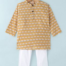 Ridokidz Cotton Full Sleeves Elephant Printed Kurta Pyjama - Mustard-image-39