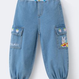 Mark & Mia Full Length Washed Jeans with Polka Dots Print & Bunny Embroidery - Light Blue-image-92
