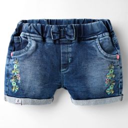 Olio Kids Denim Knit Above Knee Length Shorts with Floral Embroidery - Navy Blue-picture-46
