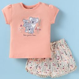 CUCUMBER Sinker Knit Half Sleeves Shorts Night Suit With Koala Print - Peach-image-26