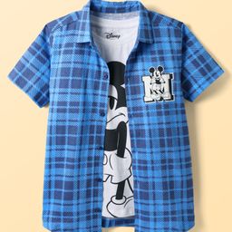 Pine Kids Disney Single Jersey Knit Half Sleeves Checkered Shirt & Sleeveless T-Shirt With Front & Back Mickey Mouse - Blue & White-image-90