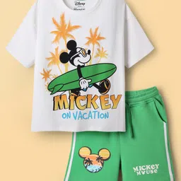 HoneyHap Disney Single Jersey Knit Half Drop Shoulder Sleeves T-Shirt & Shorts Set With Mickey Mouse Graphics - White & Green-picture-44