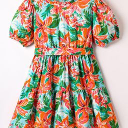 Pine Kids Woven Half Sleeves Frock & Belt with Floral Print - Green & Orange-picture-24