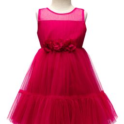 Babyhug Woven Sleeveless Mesh Party Dress With Floral Corsage - Dark Pink-image-31