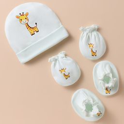 Bubble Pop Cotton Knit Cap Mitten & Booties Set With Giraffe Print White - Diameter 10 cm-image-42