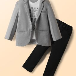 Radutu Full Sleeves Textured Blazer With Creative Text Printed Tee & Pant Set - Melange & Black-image-36