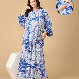 The Mom Store Cotton Knit Three Fourth Bell Sleeves Floral Printed Maternity Kurta With Coordinating Palazzo & Concealed Zipper Nursing Access - Blue-picture-12