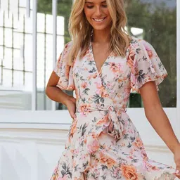 DressBerry Floral Print Puff Sleeve Chiffon Mini Dress-image-31