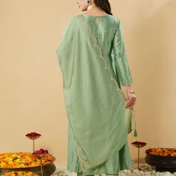MOKOSH Women Embroidered Regular Sequinned Kurta with Trousers & With Dupatta image 3
