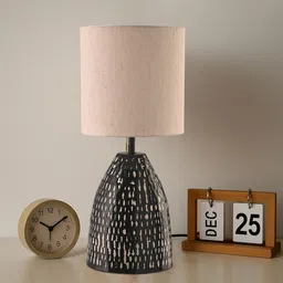 Kuber Industries Cream-Coloured Printed Terracotta Cylindrical Shaped Table Lamp image 2