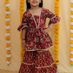 UNBIND Girls Ethnic Motifs Printed Regular Gotta Patti Pure Cotton Kurta with Sharara-picture-34