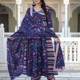 ELVISH JAIPUR Women Floral Printed Regular Phulkari Pure Cotton Kurta with Palazzos & With Dupatta-image-36