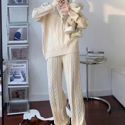 Alamode By Akanksha Beige Georgina Statement Winter Woollen Co-Ords Set-Tracksuit-picture-37