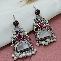 NAMAN ARTS Silver-Plated Artificial Stones Studded Geometric Drop Earrings-19