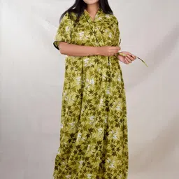 CLYMAA Olive Pure Cotton Maxi Printed Nightdress-image-7