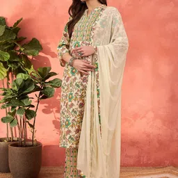 Shae by SASSAFRAS Floral Printed Mandarin Collar Pure Cotton Kurta With Trousers & Dupatta-28