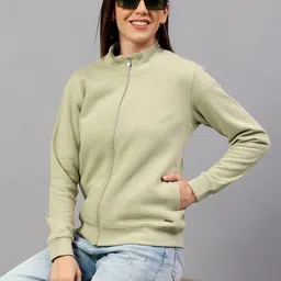 Cantabil Women Solid Mock Collar Fleece Front-Open Ribbed Sweatshirt-picture-12