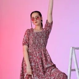 Femvy Women Floral PrintedSmocked Fit & Flare Dress-image-36