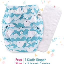 Babyhug Free Size Reusable Cloth Diaper With Insert Whale Print - Blue-16