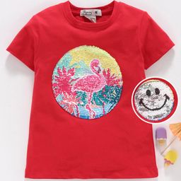 Memory Life Half Sleeves Tee 2 in 1 Design Changing Sequin Patch - Red-2