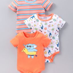 Babyoye Half Sleeves Cotton Blend Biowash & Stripe Fabric Onesie Tropical Print Pack of 3 - Orange-image-90