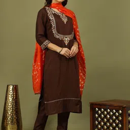Sangria Women Floral Embroidered Kurta with Trousers & Dupatta-image-98