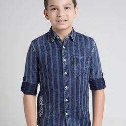 UNDER FOURTEEN ONLY Boys Comfort Fit Vertical Striped Spread Collar Cotton Casual Shirt-picture-28