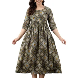 BAESD Women Ethnic Motifs Printed Gathered or Pleated Maternity Fit and Flare Midi Dress-image-28