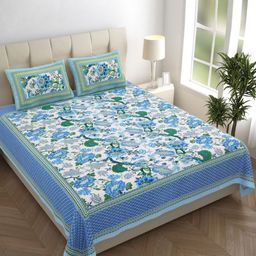COLOR SPLASH Blue & White Printed Pure Cotton 180 TC Queen Bedsheet Set 2.7 m x 2.28 m-image-46