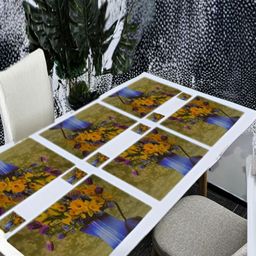 REVEXO 12-Pcs Green & Blue Printed Table Placemats&Coasters-18