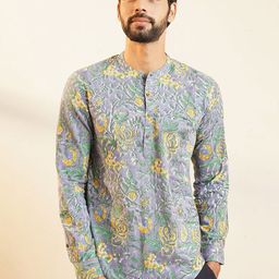 JAYPORE Floral Printed Band Collar Pocket Detailing Curved Cotton Short Kurta-image-42