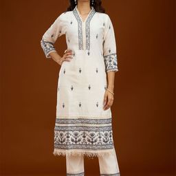 Koskii Women Floral Embroidered Regular Thread Work Kurta with Trousers-22