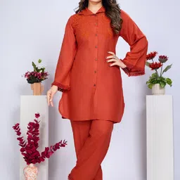 Kaftanize Tangerine Embroidered Shirt Collar Top With Trousers-31