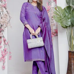 ARADHNA Women Floral Embroidered Regular Kurta with Trousers & With Dupatta-image-45