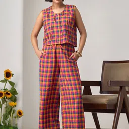 Maisolos Janice Checked Organic Cotton Round Neck Top With Trousers Co-Ords-image-57