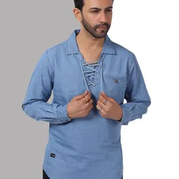 D Finish Men Thread Work Lace Frills Bows and Ruffles Denim Kurta-picture-58