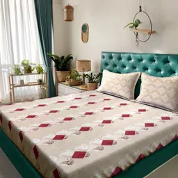 KLOTTHE Beige Geometric 400 TC Pure Cotton Double Bedsheet with 2 Pillow Covers-image-85