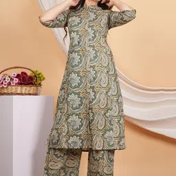 KALINI Floral Printed Mandarin Collar A Line Pure Cotton Kurta With Palazzos-picture-40