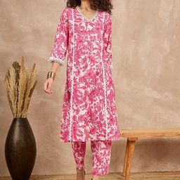 all about you Floral Printed Pure Cotton Full Sleeves V-Neck Kurta With Trousers-22