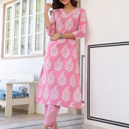 Janasya Women Ethnic Motifs Printed Regular Thread Work Pure Cotton Kurta with Trousers-19