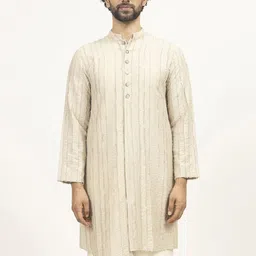 LELA Men Woven Design Band Collar Asymmetric Straight Kurta-image-2