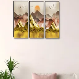 Myntra Elegant Homes Gold-Toned & Brown 3 Pieces Rising Sun Printed Wooden Wall Paintings-image-96