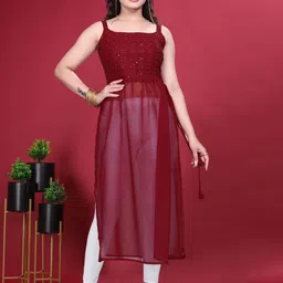 PARROT CREATION Ethnic Motifs Embroidered Mirror Work Straight Kurta-image-32